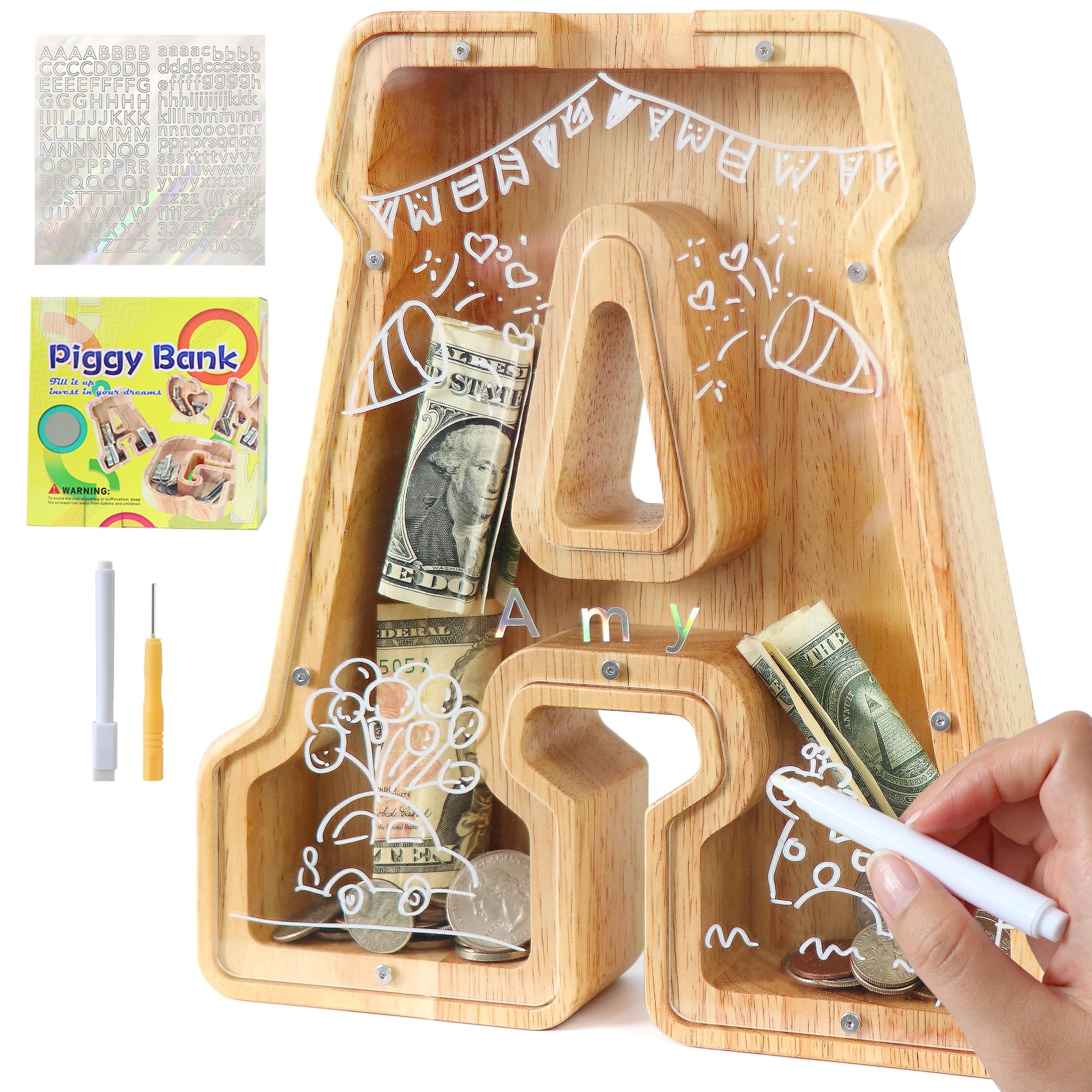 Lakpopya Personalised A-Z Money Box, Target Field, Stickers and Markers - Christening Gift Decoration