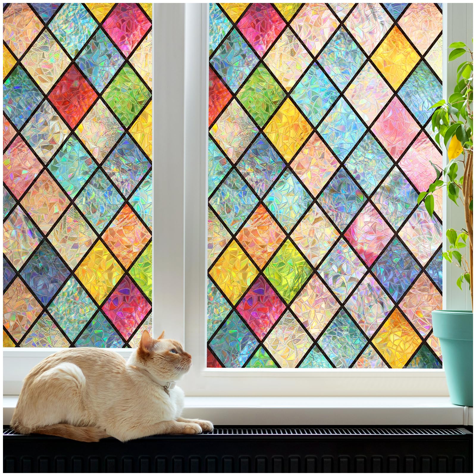 rabbitgoo Stained Glass Window Film Privacy Film for Glass Windows Static Cling, Rainbow Stickers UV Glare Blocking, Decorative Coverings Decals Lattice for Home, Multicolor, 90x200 cm