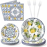 G1ngtar 96Pcs Capri Lemon Blue Tiles Yellow Lemon Summer Citrus Fruit Party Plates Supplies Tableware Decorations Disposable Paper Plates Napkins Forks for Kids Birthday Baby Shower, Serves 24