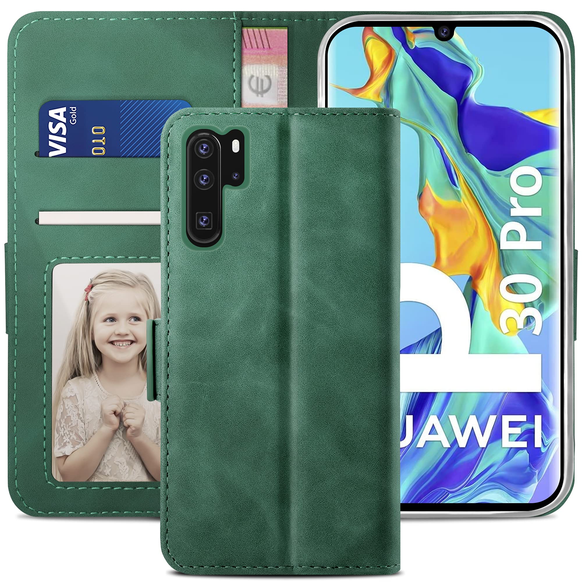 YATWIN Compatible with Huawei P30 Pro Case, Flip Wallet Leather Case with Card Slot and Shockproof Function Kickstand Phone Cases Cover for Huawei P30 Pro - Pine Green