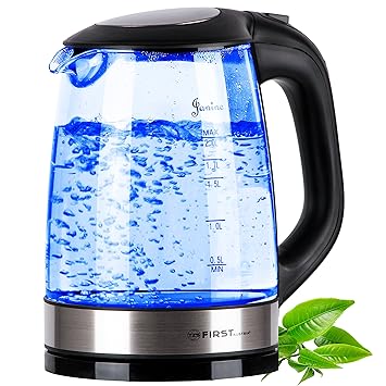 TZS First Austria - 2 Liter Edelstahl Glaswasserkocher mit blaue LED Beleuchtung, Anti-Kalkfilter, automatische Deckelöffnung
