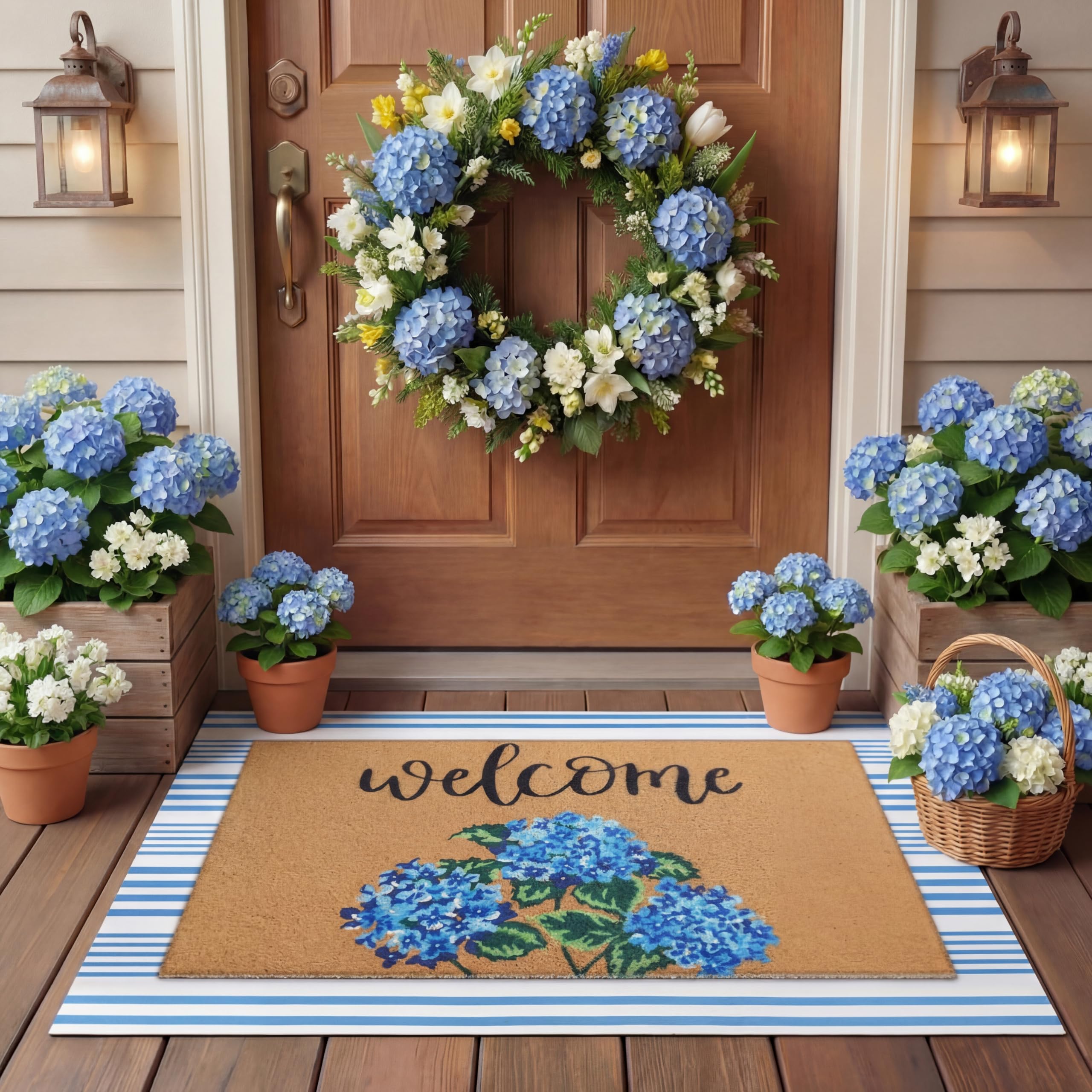 Photo 1 of Tinideya 2 Pcs Hydrangea Door Mat Blue and White Stripe Welcome Non Slip Flower Coir Mats Floor Layering Floral Doormats Seasonal for Front Porch Entryway Decor(Blue Flower)