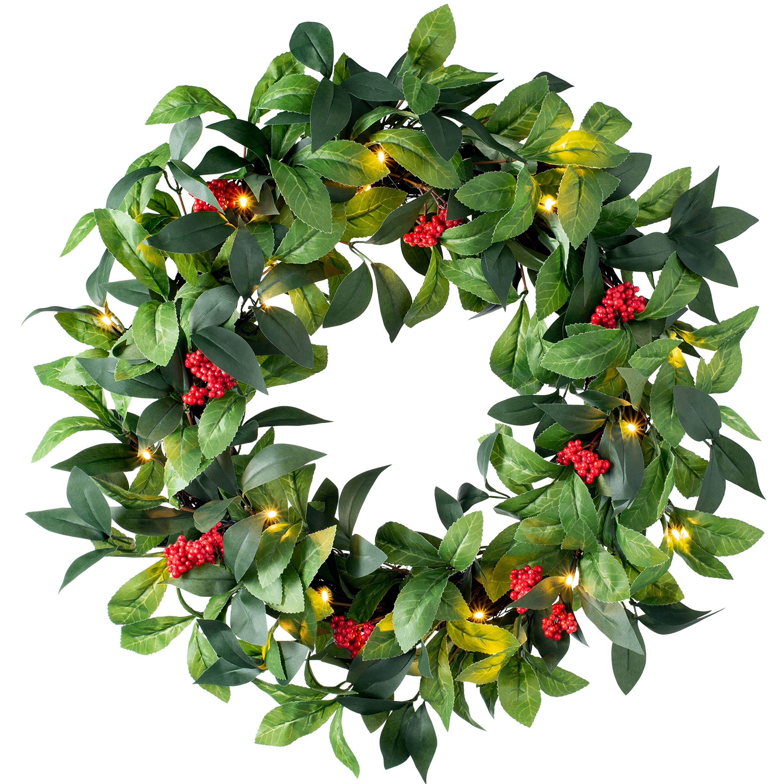 WeRChristmas Pre Lit Leaf & Berry Christmas Wreath with 20 Chasing Warm LED Lights, Multi-Colour, 2 feet/60cm