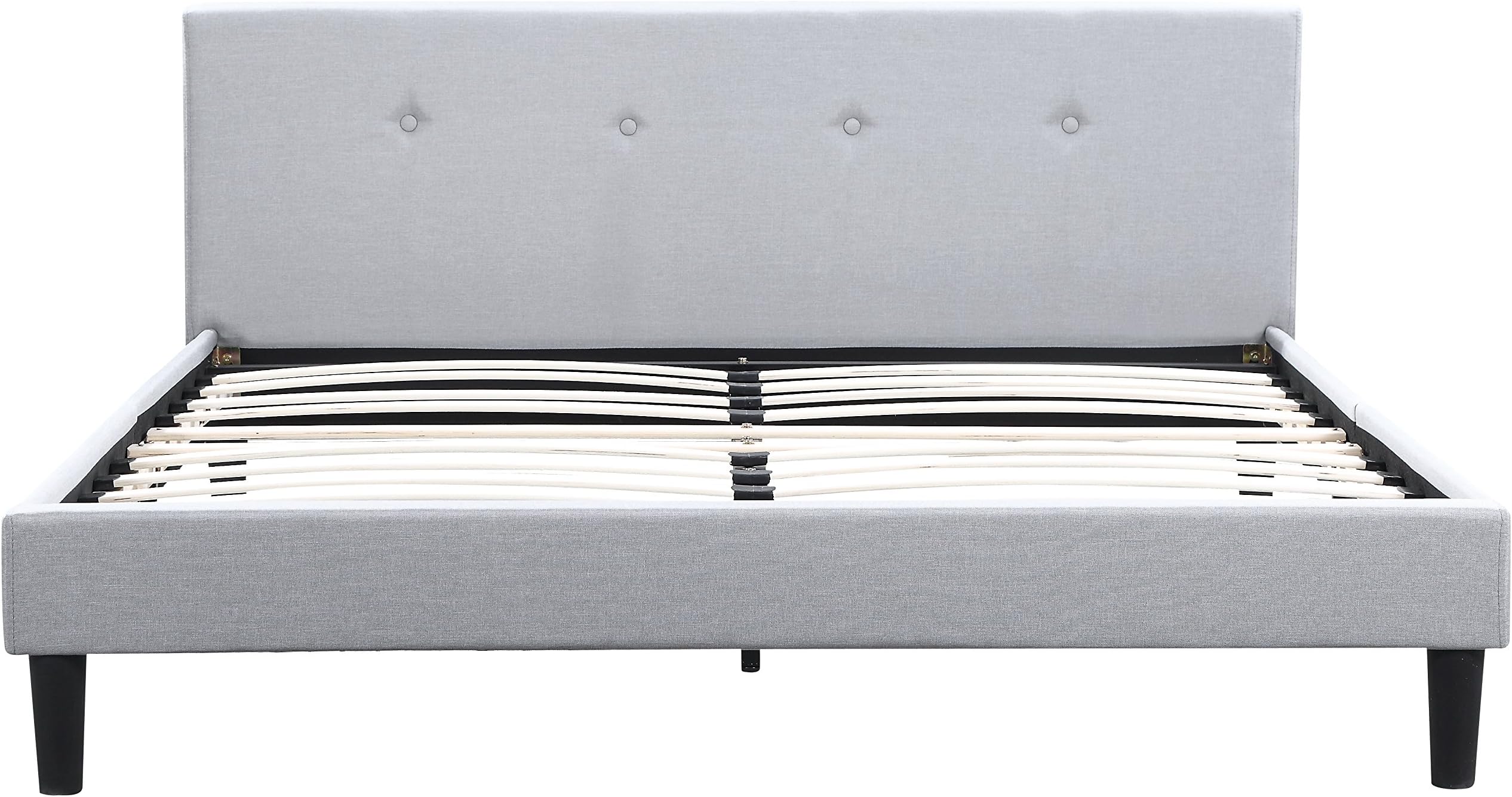 San Francisco Queen Bed Frame | Upholstered Low Profile Headboard + Platform Bedframe | Gray Linen Modern Style Silver Grey Cloth Bedroom Mattress Furniture + Soft Wood Footboards, Slats, Box Included