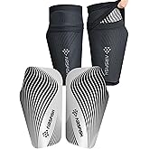 Airsfish Soccer Shin Guards for Kids Adults, CE Certified Shin Pads Sleeves Defender Protection Gear with Insert Pocket EVA Cushion Reduce Shocks and Injuries for Boys Girls Men (WhiteBlack, Medium)