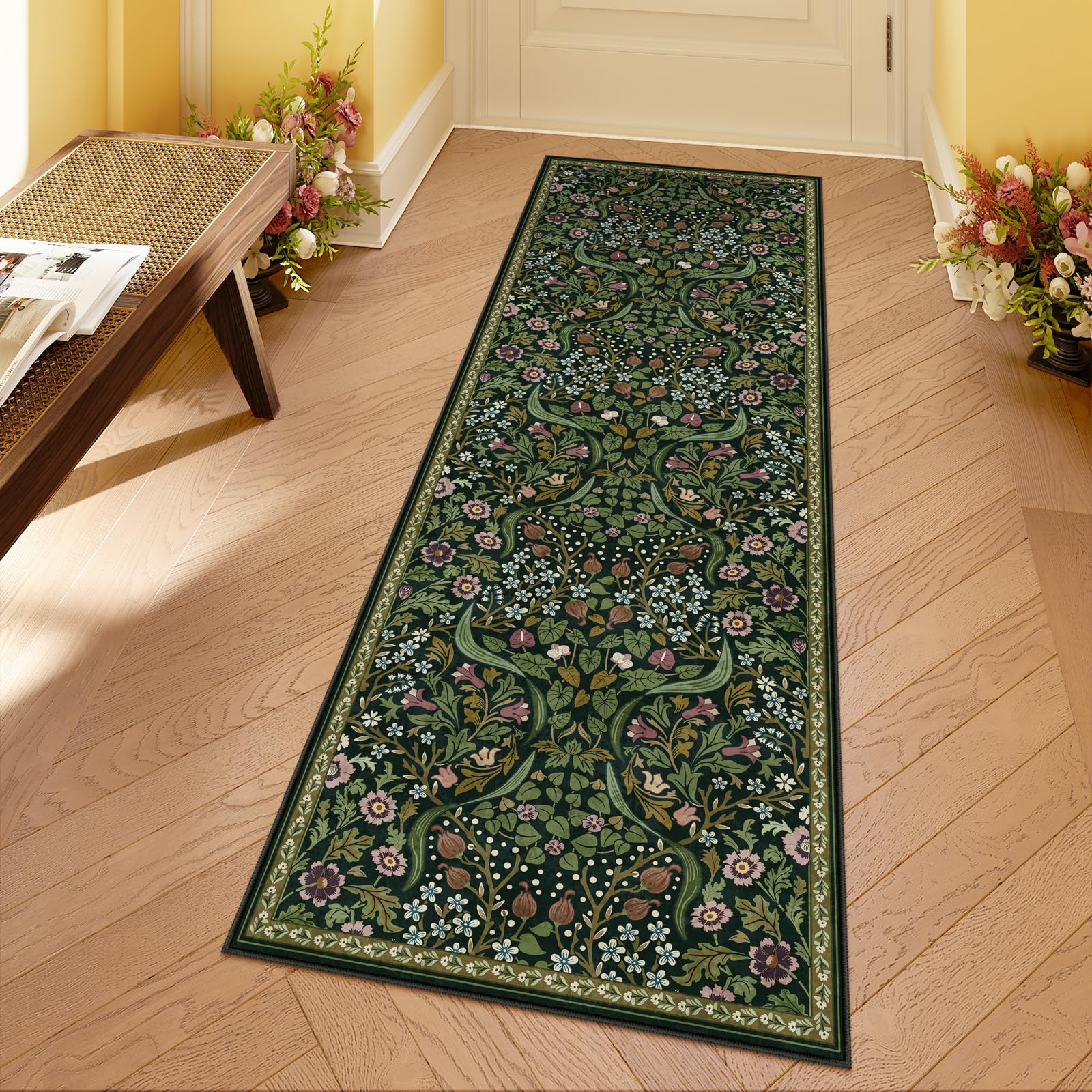 Photo 1 of (used/fair) (bagged) Moynesa Floral Kitchen Runner Rug 2x6, Washable Runners for Hallways Non Slip Green Soft Bathroom Carpet Runner, Boho Ultra Thin Botanical Throw Rug for Laundry Room Entryway, Green