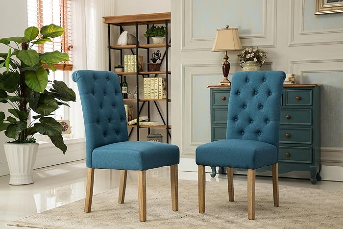 Roundhill Furniture Habit Solid Wood Tufted Parsons Dining Chair (Set of 2), Blue