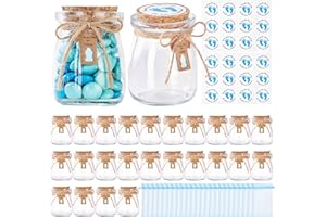 KIVIVO 24 Pcs Baby Shower Party Favors for Guests, Baby Shower Gifts for Guest, 3.4 oz Small Glass Mason Jars with Cork Lids, Stickers, Label Tags, Twine, Organza Bags, Mini Candy Jar Favors for Boy