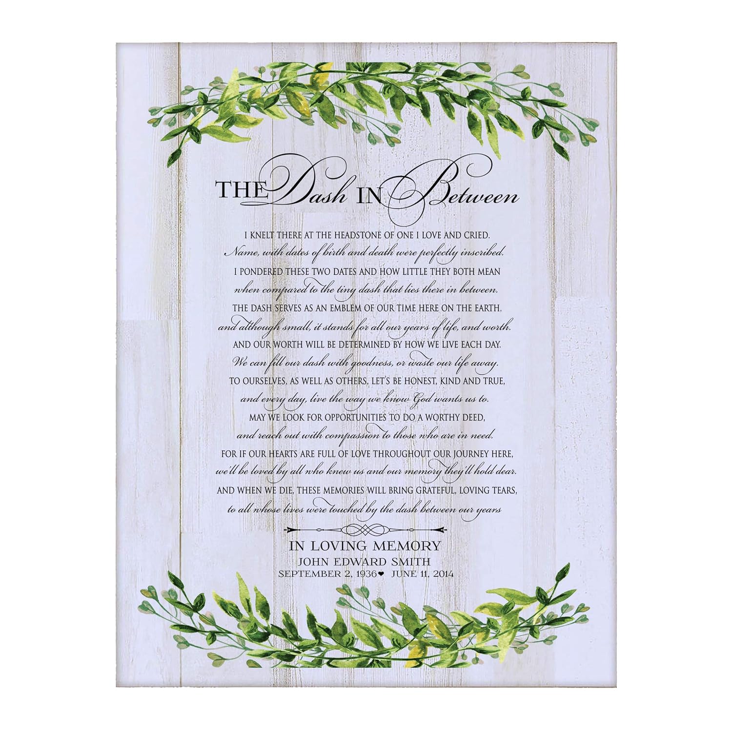 LifeSong Milestones Personalized The Dash in Between Sympathy Gifts for Loss of Loved one Bereavement Wall Plaque for Loss of Mother Father Child with Leaf Border (White Distressed)