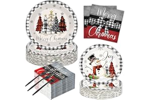 GOLDGAO 200 PCS Christmas Paper Plates Napkins Party Set Buffalo Plaid Xmas Tree Snowman Dinnerware Plate and Napkin Sets for Xmas Party Supplies Dinner Winter Decorations for 50 Guests