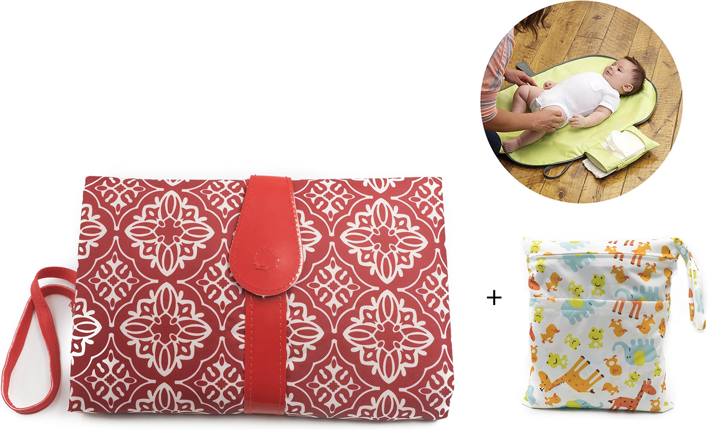 Anzirose Portable Baby Changing Mat Lightweight Waterproof Travel Diaper Changing Pad Station with Two Packet Wet Dry Bag Red