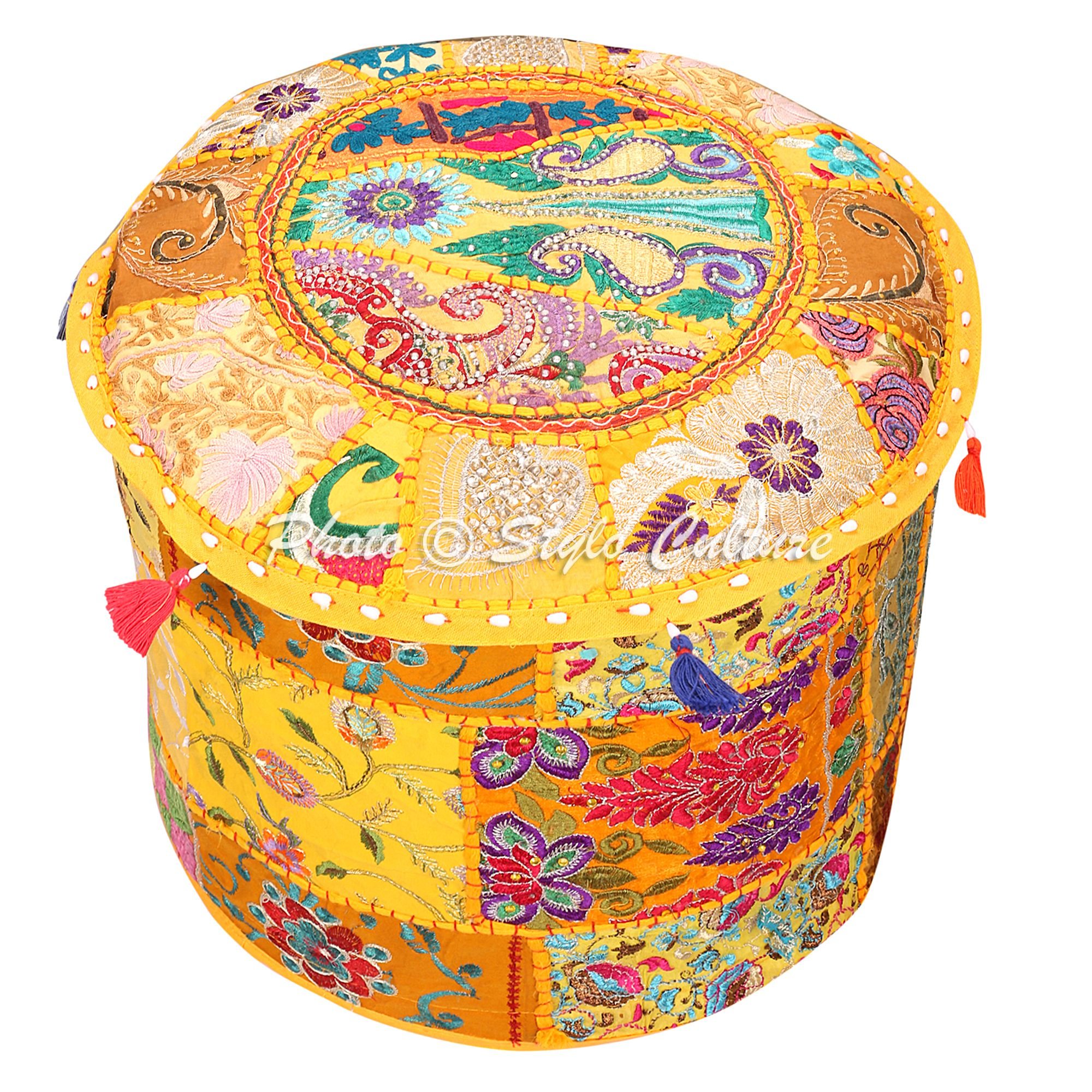 Stylo Culture Ottoman Pouffe Footstool Cover Bench Yellow Indian Embroidered Patchwork Cotton Traditional Round Fabric Pouf Ottoman Cover (16x16x13 Inch) 40cm (COVER ONLY)