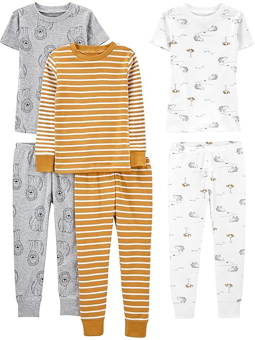 Simple Joys by Carter's Little Boys' 6-Piece Snug-Fit Cotton Pajamas, Gold Lions, 4