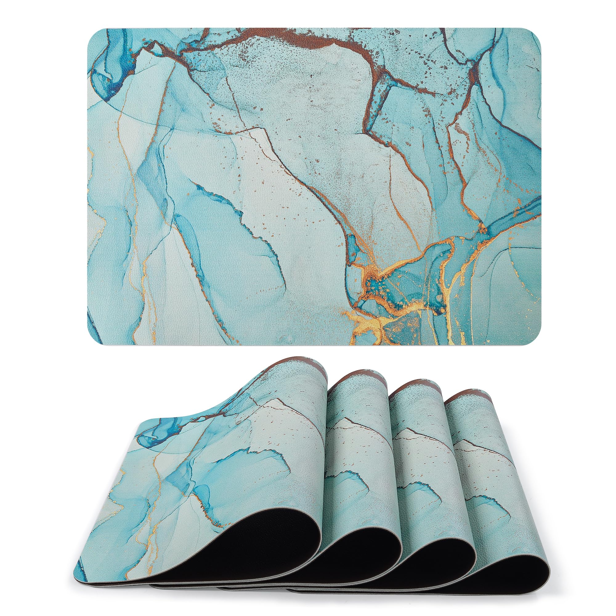 fanquare Morandi Blue Placemats Set of 4 Marble PVC Leather Place Mats Matte Rectangular Heat Resistant Washable Non-Slip Table Mats for Kitchen Dining Table Home Decoration 43 * 30cm