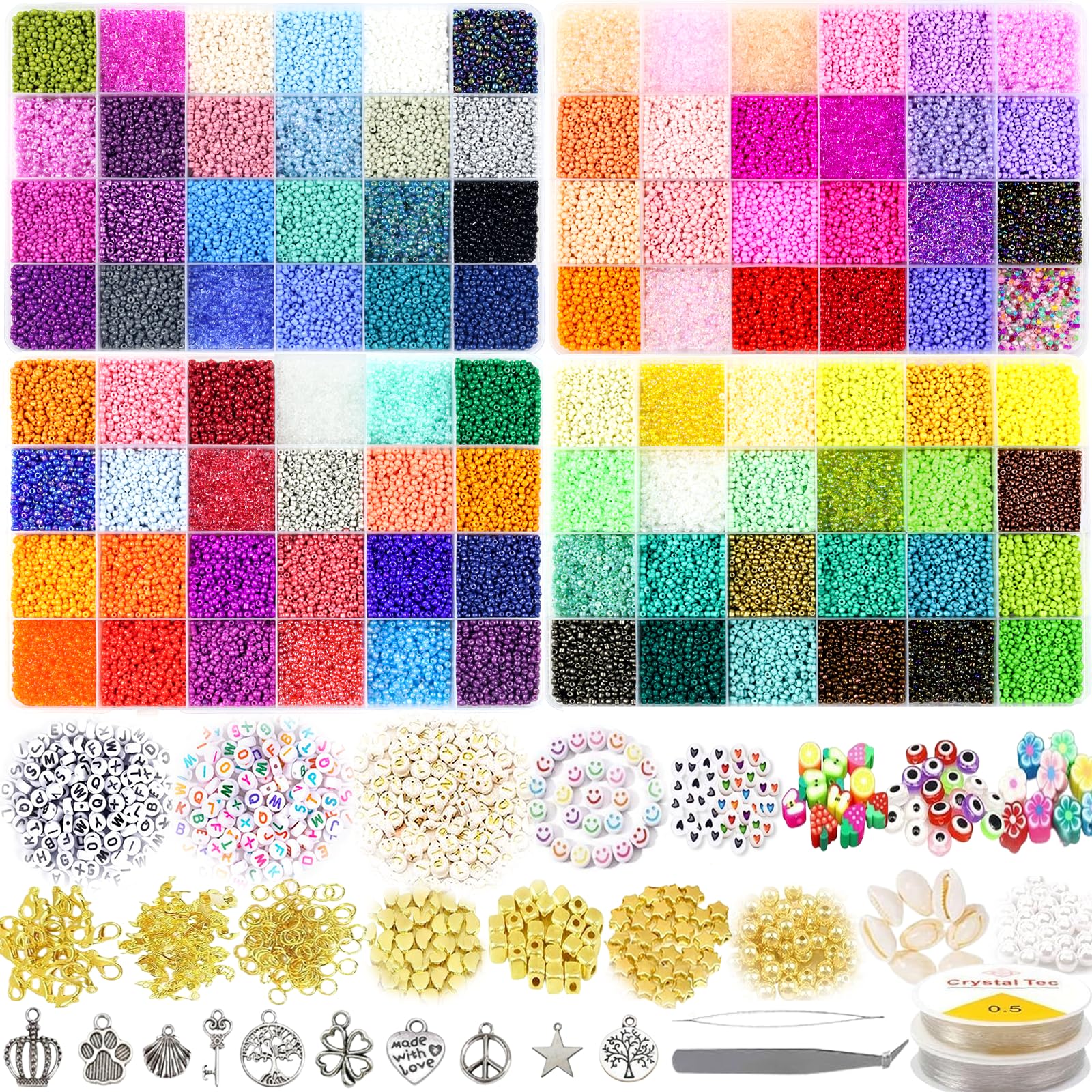 52000PCS Glass Beads Kit 2mm, 96 Colors Glass Seed Beads for Jewelry Making Kit, Glass seed Beads Kit for Girl Bracelets/Necklaces DIY Making with Letter Beads, Evil Eye Beads and 0.5mm Elastic String