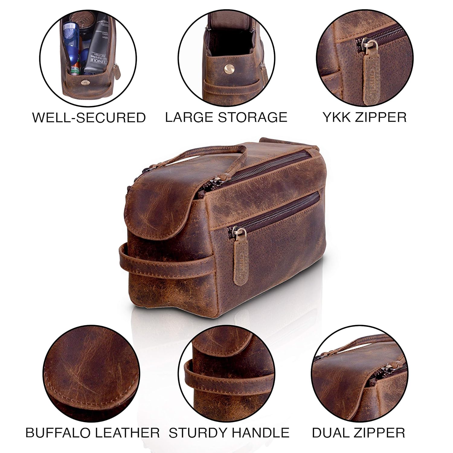 KOMALC Genuine Buffalo Leather Unisex Toiletry Bag Travel Dopp Kit (Distressed Tan) : Beauty
