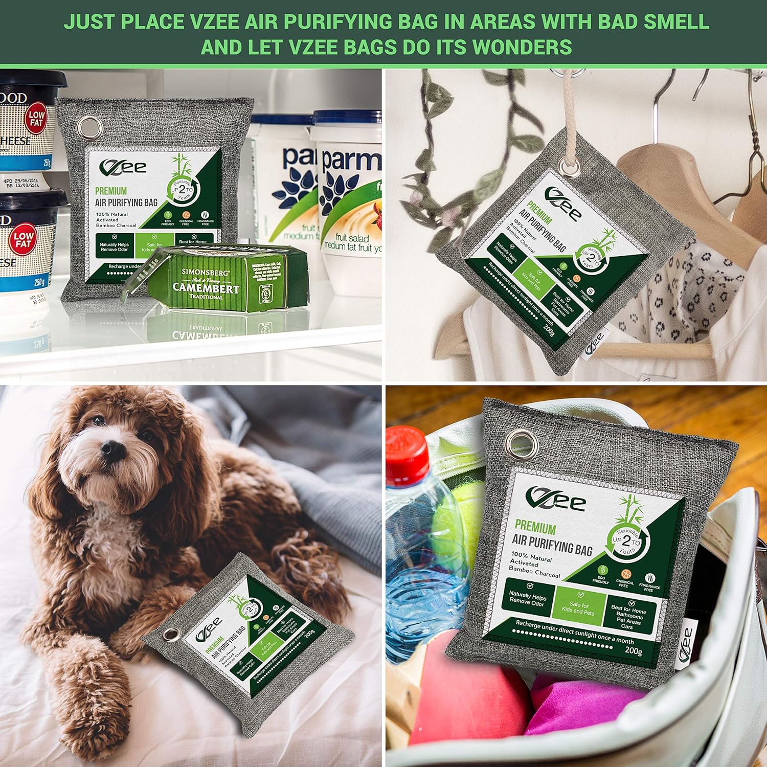 VZee Odor Eliminator, Activated Charcoal Bags Odor Absorber, 8 Pack x 200g, 8 Cords, Ziplock Packaging, Nature Fresh Bamboo Charcoal Air Purifying Bag, Odor Absorbers for Home, Bamboo Charcoal Bags, Deodorizers for Home, Pet, Shoe, Car, Closet, Smoke, Carpet, Fridge, Dogs, Cats, Basements, Musty Smell, New Car Smell, Bamboo Charcoal Bags, Odor Neutraliz