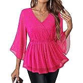 Gaharu Women's Formal Dressy Tops 3/4 Sleeve Double Layers Mesh Tunic Shirts Evening Party Blouse