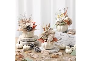 Wavwavw 3 Pcs 9 Inch Fall Artificial Pumpkins Fake Pumpkin Centerpiece Decor Cozy Maple Leaves Styles Farmhouse Neutral Fall Decor Autumn Rustic Thanksgiving Fall Decoration for Home Indoor Outdoor