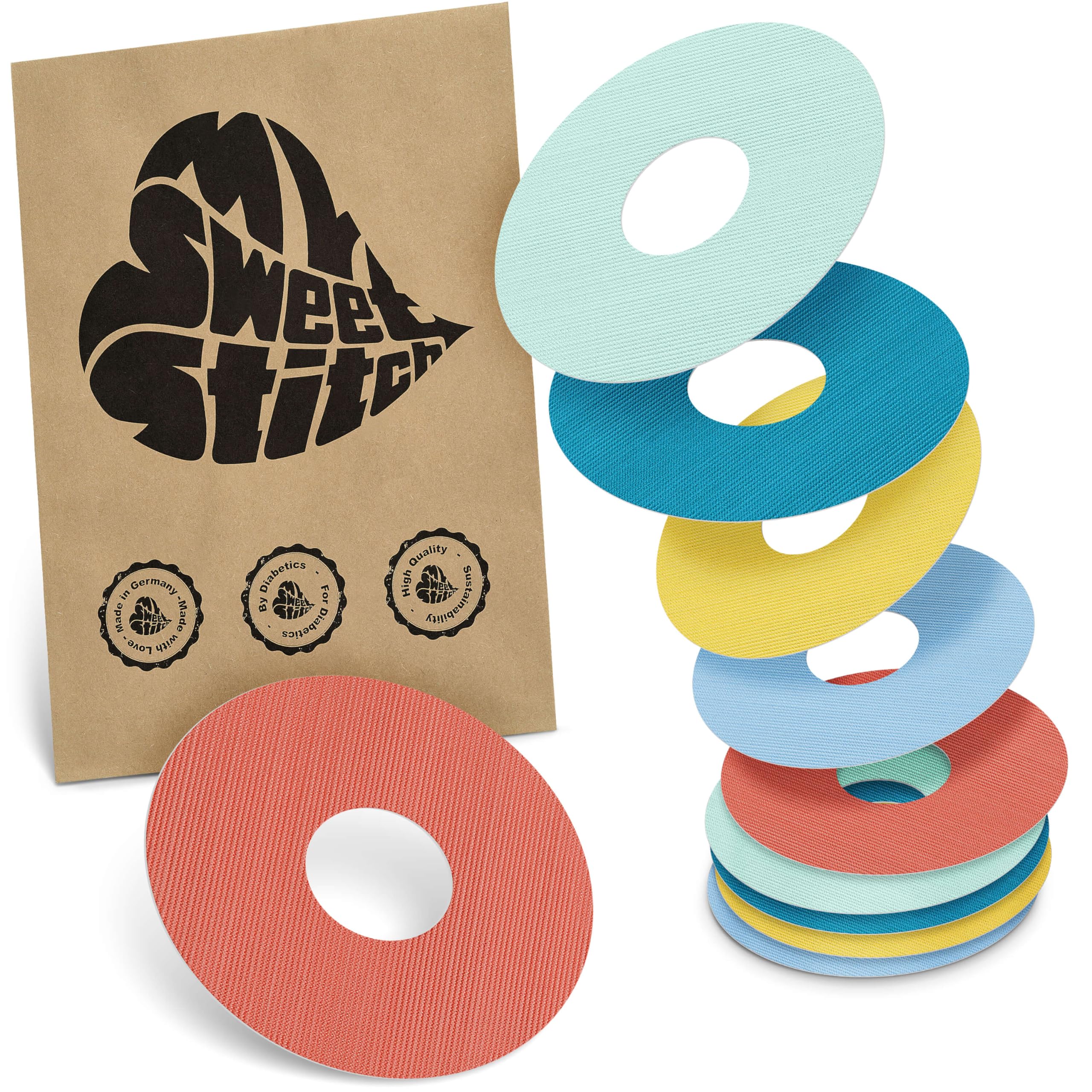 MySweetStitch - 10 x Freestyle Libre 3 Round Patches, Ring Patch Ø 60mm, Inner Ø 20mm, Waterproof, Breathable, Skin-Friendly, Made in Germany, Pastel