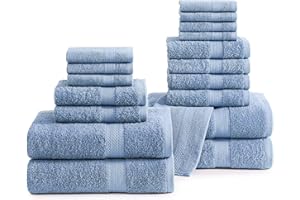 LANE LINEN Cotton Bath Towels for Bathroom Set - 18 PC Bathroom Towels Set - 4 Bathroom Towel Set, 6 Hand Towels for Bathroom, 8 Washcloths, Soft Towel Sets for Bathroom, Hotel Towels - Cerulean Blue