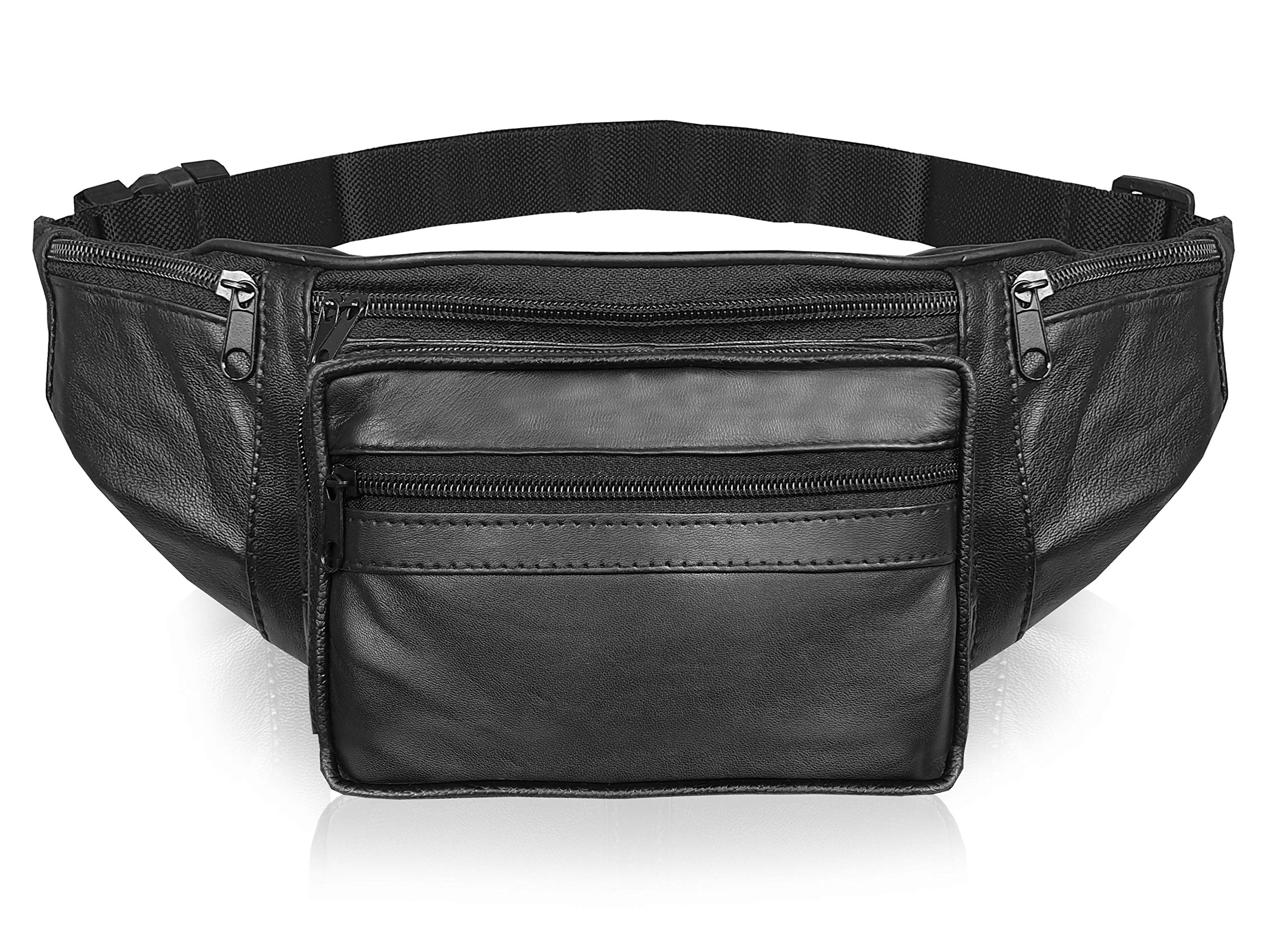 Roamlite Leather Bumbag, Large Size Bum Bags Ideal for Walking, Running, Holidays and Travel - Premium Soft Sheep's Nappa Money Belt with 6 Zipped Pockets - Up to 47 Inch Waist RL286K