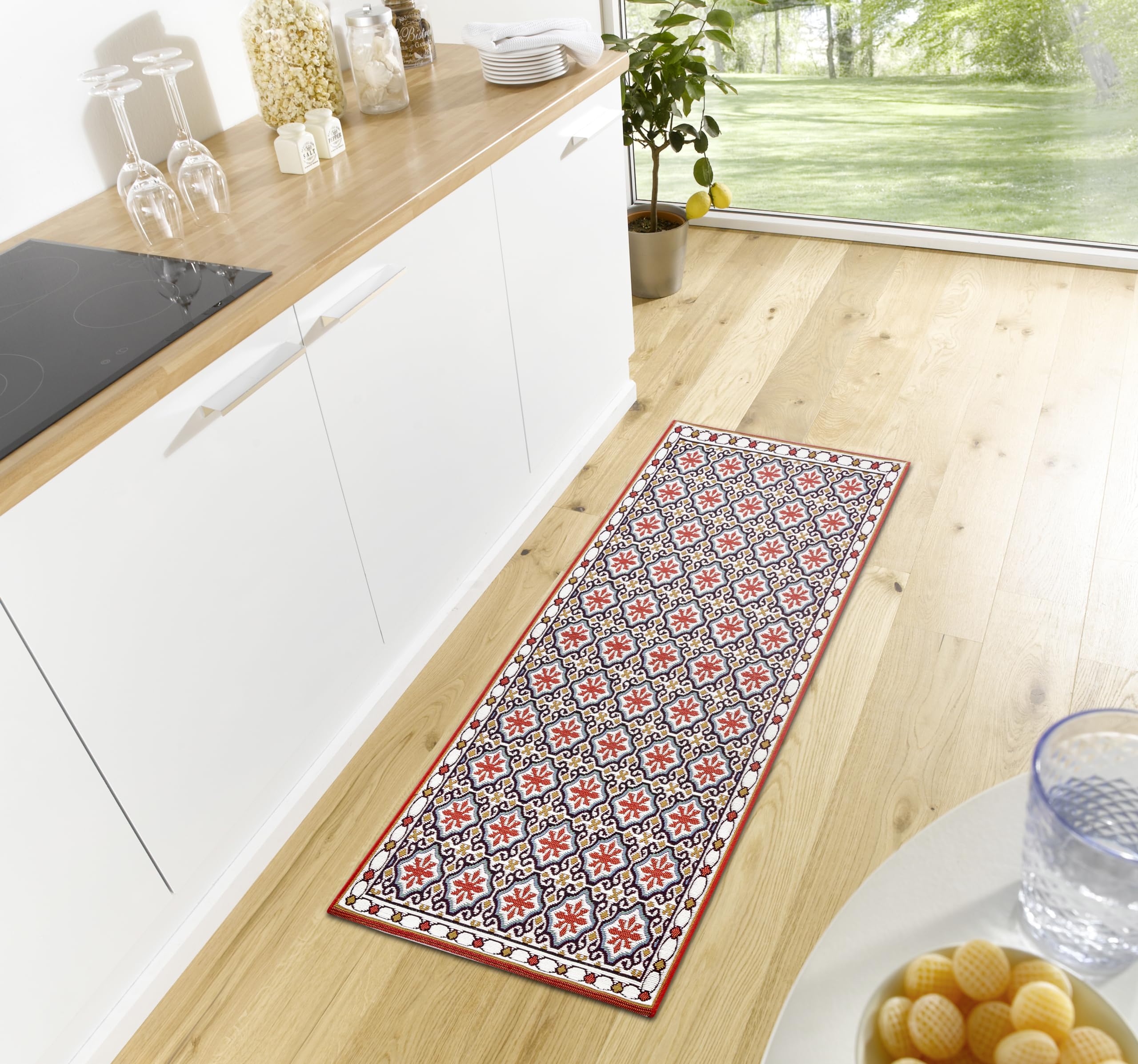 Hanse Home Kitchen Runner - Kitchen Rug Non-Slip and Washable - Easy Care Rug Runner Mosaic Tile Pattern Rug Runner for Kitchen, Hallway, Entryway, Dining Room - Red, 75 x 150 m