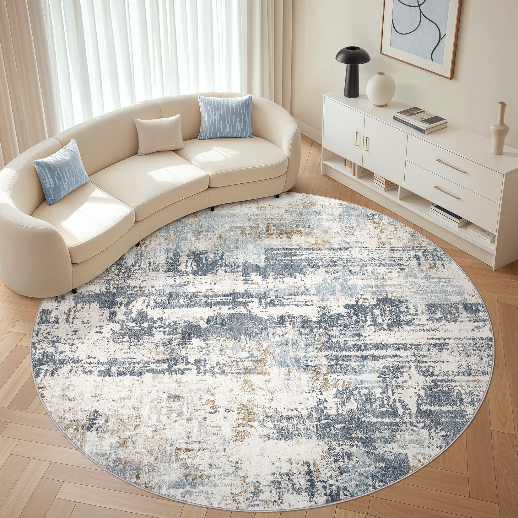 Round Rug Living Room Rugs: 10Ft Washable Circle Large Abstract Modern Soft Stain Resistant Non Slip Indoor Floor Carpet for Bedroom Nursery Office Dining Room Dorm Home House Decor- Light Blue Image