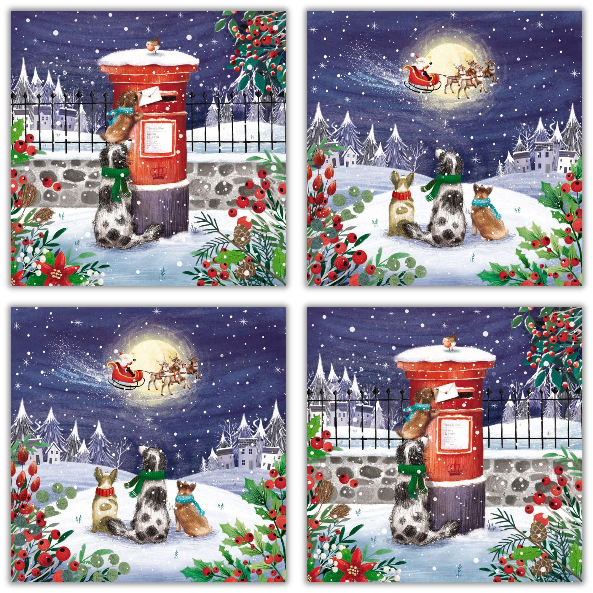 GBCC Charity Christmas Cards - Christmas Dogs with Santa and Post Box - Eco-Friendly and Recyclable - Box of 20 Cards - By The Great British Card Company,Multicoloured,141 x 141mm