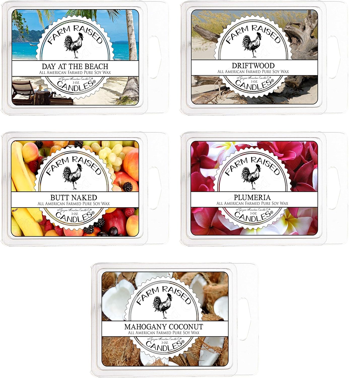 Sunny Beach Day Variety Mix 5 Pack Scented Soy Wax Warmer Cube Melts 15 Oz 100% All Natural American Farm Raised Soy Wax. Essential Oils Mahogany Coconut, Plumeria, Drift Wood. Butt Naked.
