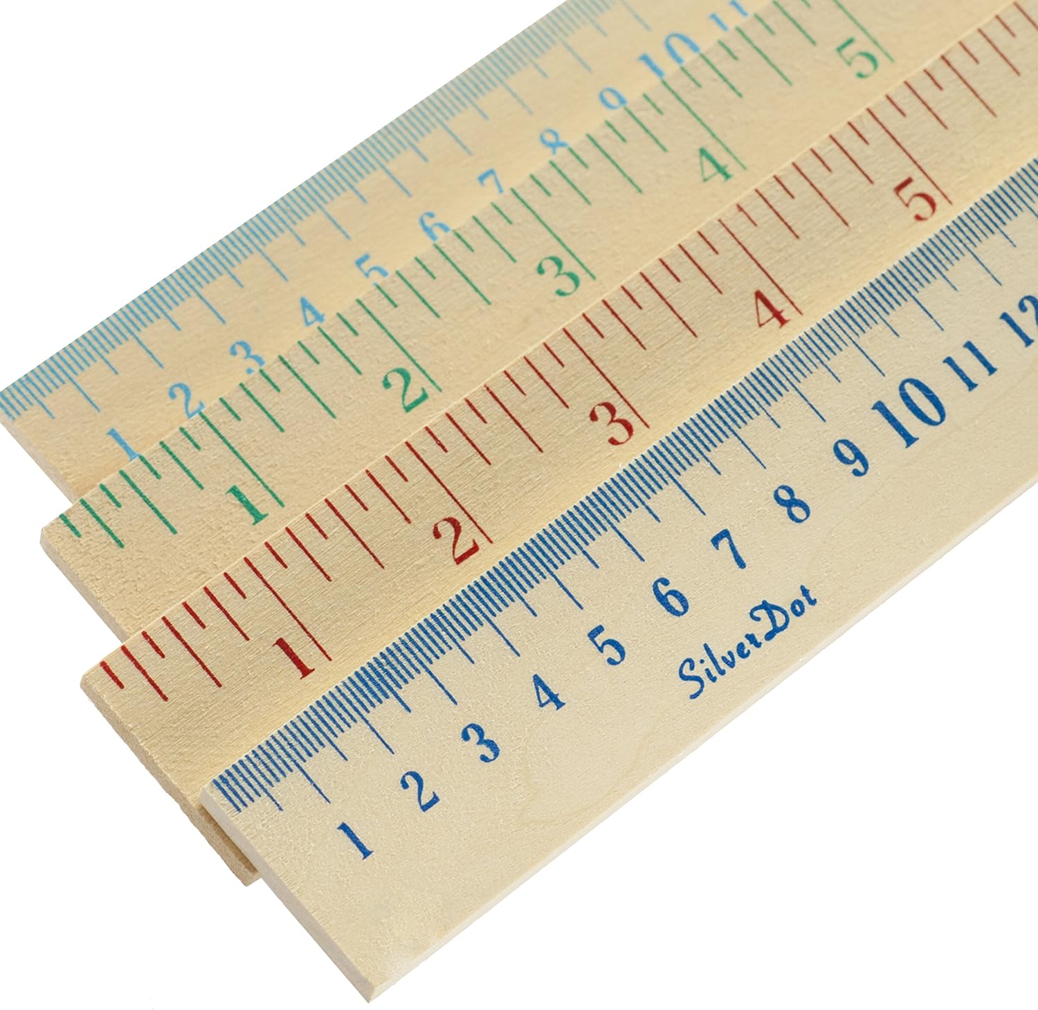 SilverDot 12-Pack Wood Yardstick (Double-Sided with Inches and Centimeters, 1/5" Thick) New Colors!