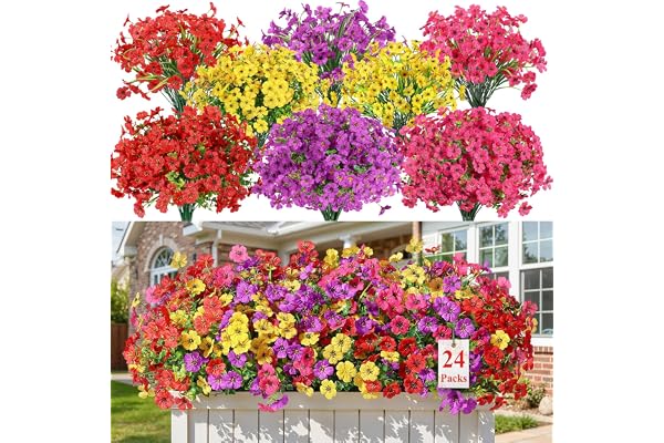 Alupssuc 24 Bundles Artificial Flowers for Outdoors Decoration, UV Resistant Silk Faux Daisy Flora Spring Fake Plastic Plants