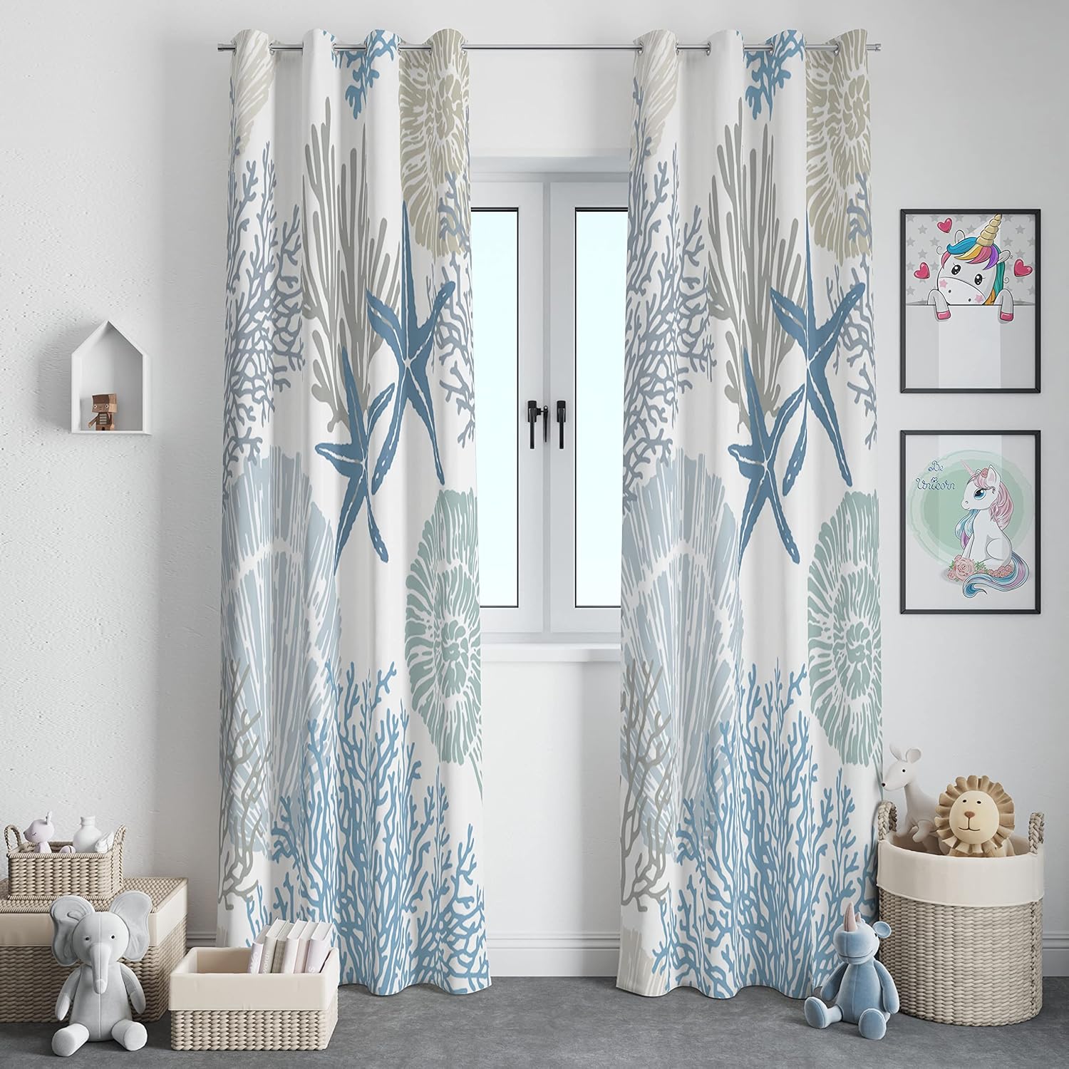 Outdoor Curtains - Llylumty Coastal Window Curtains Grommet Drapes Nautical Beach Sea Shells Satrfish Themed,Grommet Blackout Curtain for Living Room, Bedroom 2 Panel72x63in