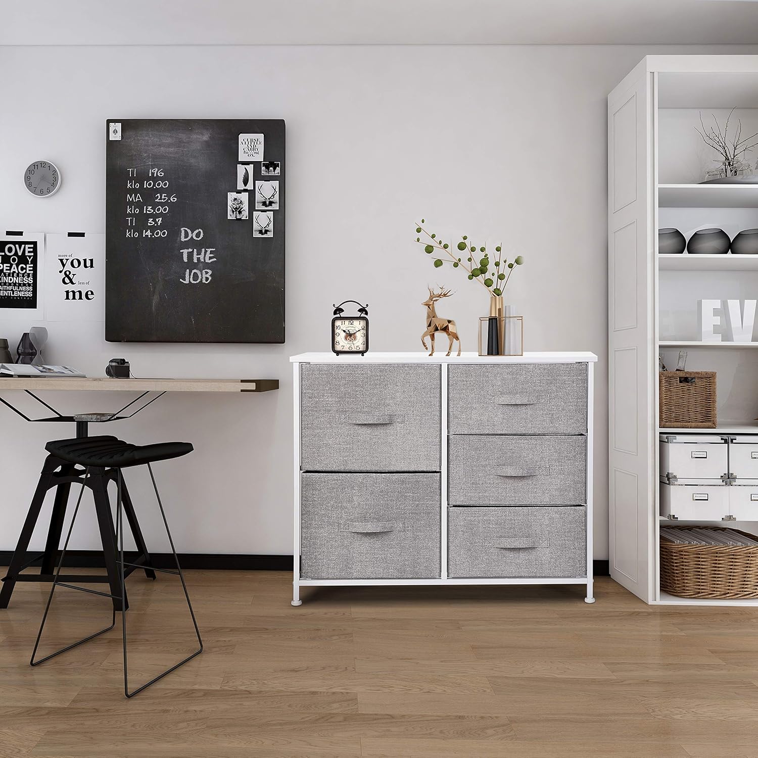5 Drawer Dresser Organizer Fabric Storage Chest for Bedroom, Hallway, Entryway, Closets, Nurseries. Furniture Storage Tower Sturdy Steel Frame, Wood Top, Easy Pull Handle Textured Print Drawers: Kitchen & Dining