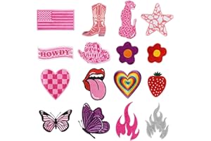 KIRAKO 16Pcs Y2K Iron on Patches for Clothing Preppy Sew on Applique Repair Embroidered Patches Decorations Pink Cowgirl Early 2000s Aesthetic DIY Craft Accessories for Backpacks Hats Dress Jackets Jeans