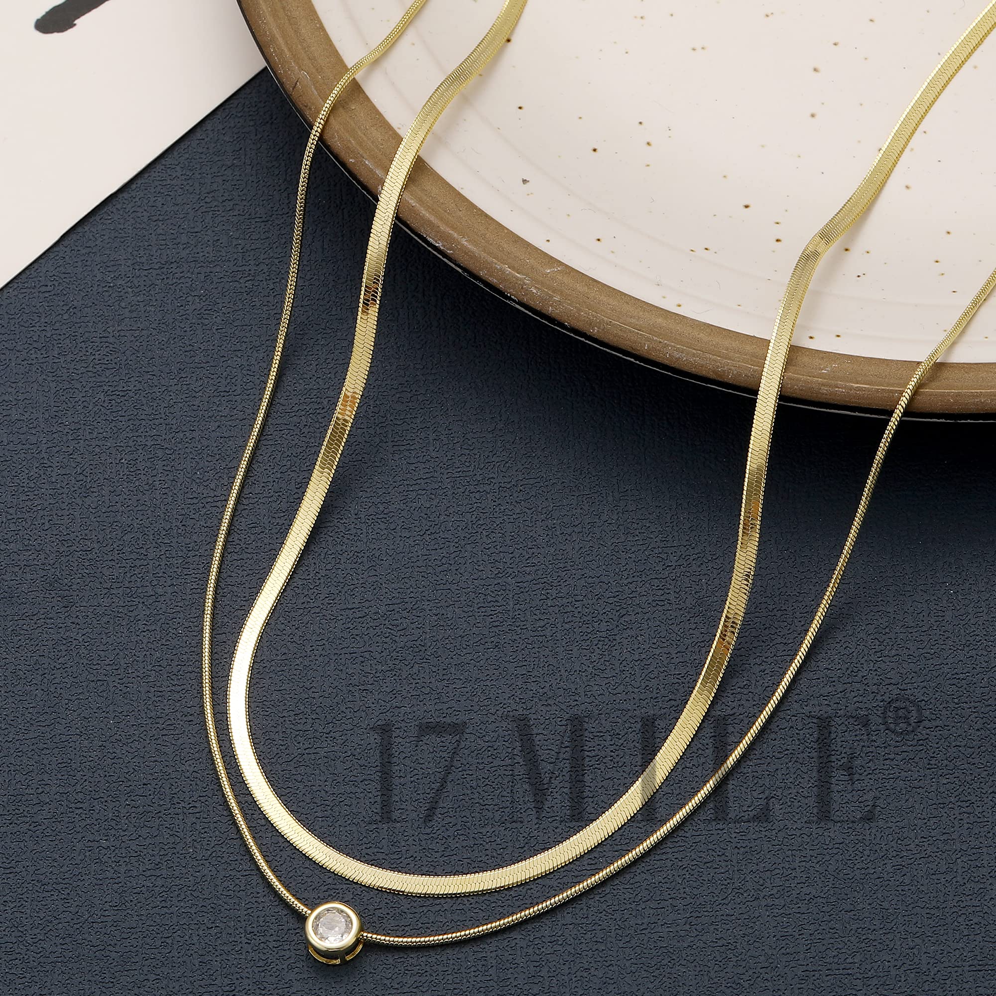17 MILE Gold Layered Choker Necklace for Women, 14K Real Gold Plated CZ Pendant Necklace, Dainty Flat Snake Chain Layering Necklace for Gift