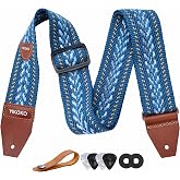 YIKOKO Guitar Strap with Pick Pocket，2 inch Cotton Guitar Straps with Full Grain Leather End, for Bass Electric and Acoustic Guitars, Free Strap Button, 2 Strap Locks and 4 Guitar Picks