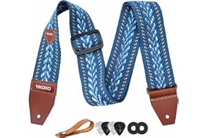 YIKOKO Guitar Strap with Pick Pocket，2 inch Cotton Guitar Straps with Full Grain Leather End, for Bass Electric and Acoustic Guitars, Free Strap Button, 2 Strap Locks and 4 Guitar Picks