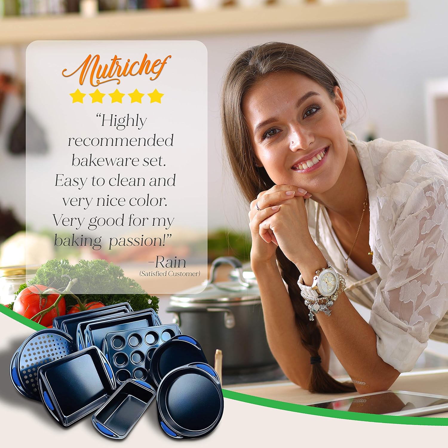 10-Piece Kitchen Oven Baking Pans - Deluxe Carbon Steel Bakeware Set with Stylish Non-stick Blue Coating Inside and Out, With Blue Silicone Handles Dishwasher Safe & PFOA, PFOS, PTFE Free (NCBK10S): Kitchen & Dining