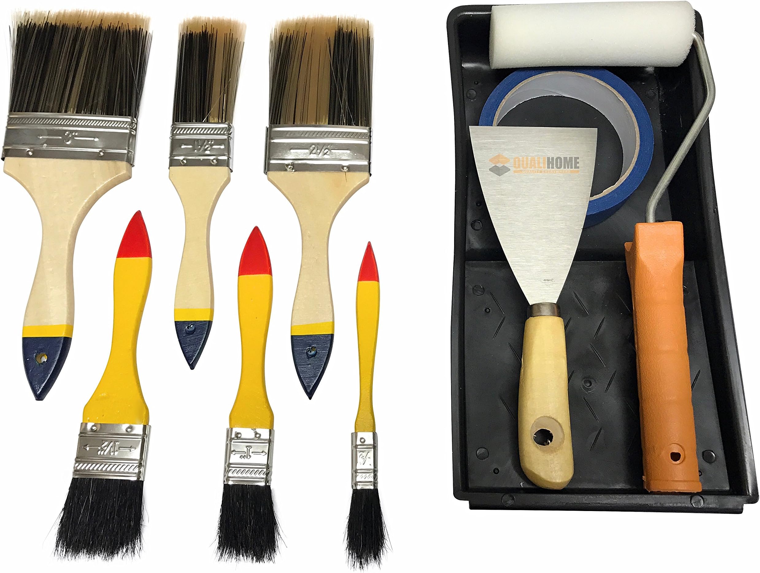 10-Piece Paint Touch Up Kit- Plastic Palette Tray/ (6) House Detail Painting Brush Set/Foam Roller/Metal Spatula/Blue Painters Tape- Home Improvement Tools Supplies- Best Equipment for Trim Work