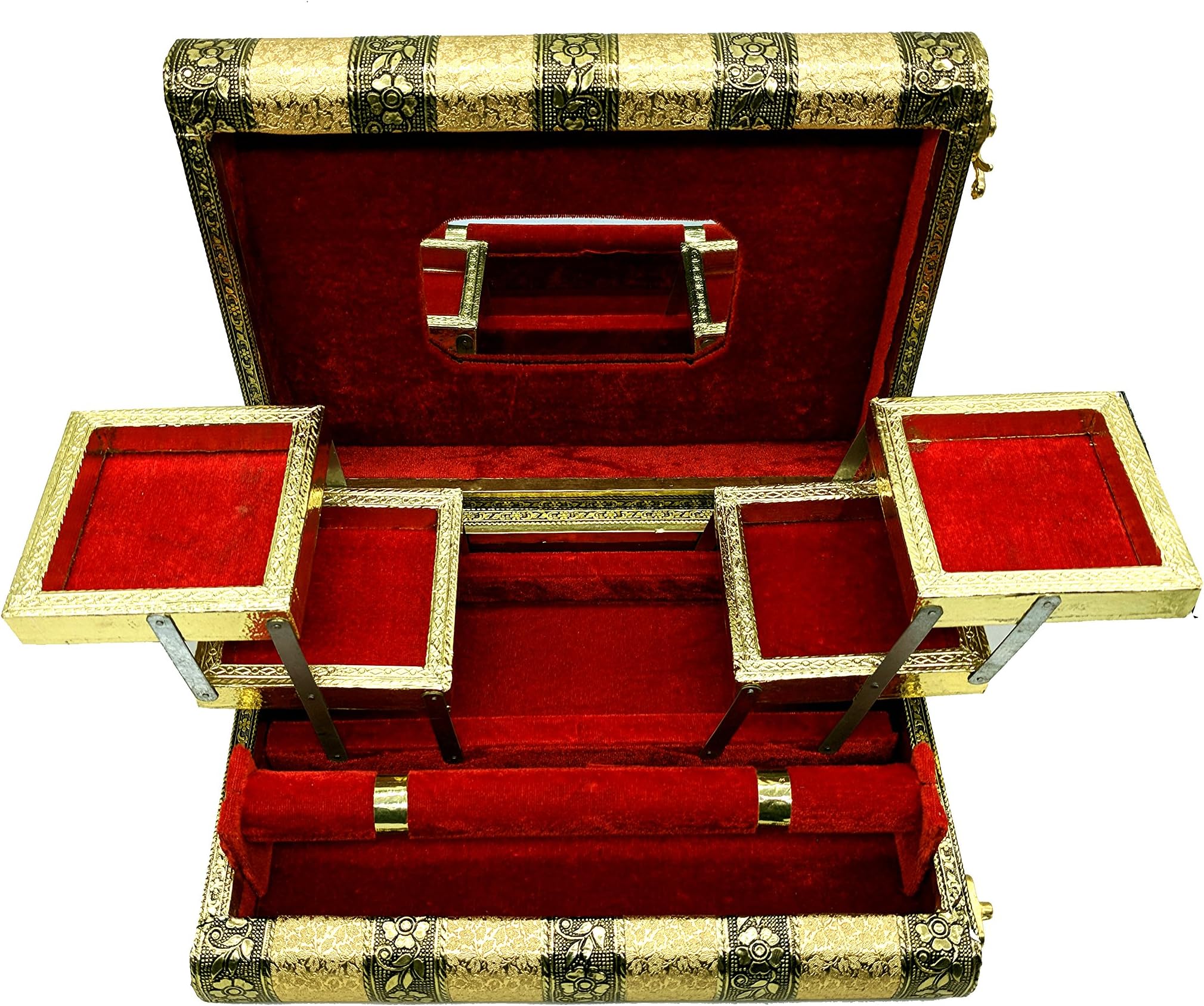 Raawan Handmade Oxidised Wooden Jewellery Box for Women, 1 Roll Bangle with 5 Compartment Jewellery Box with Free Mirror