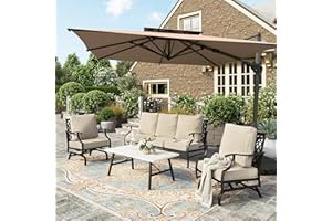 HERA'S HOUSE 4 Piece Patio Furniture Set, 2 x Rocking Metal Frame Cushioned Chair, 3-Seat Sofa with Marbling Coffee Table, All Weather Outdoor Conversation Set for Lawn Garden Backyard