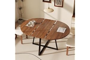 LYNCOHOME 43.3in-59in Round Extendable Dining Table for 4-8, Space Saving Modern Wood Kitchen Table with Metal Base for Kitch