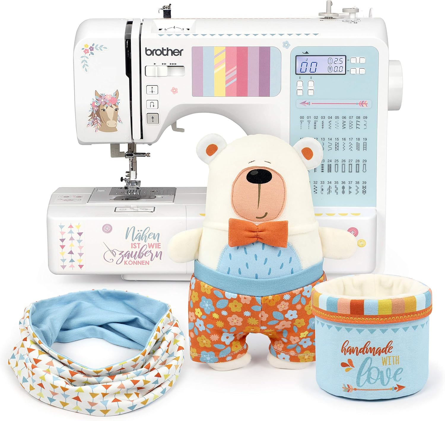 Brother FS40 Computer Nähmaschine perfekt für Fortgeschrittene und Nähanfänger mit kullaloo Nähkurs Material Set umfangreichem Zubehör Sticker zum Verzieren der Maschine kindersicher mit Fingerschutz