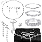 Vieyomn 10 Pcs Bow Rhinestone Jewelry Set for Women Bride Wedding Prom Jewelry Evening Rhinestone Sparkly Clutch Purse Bag Bow Necklace Tennise Layered Bracelets CZ Ring Crystal Drop Earring Set