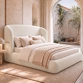 XIAO WEI King Cloud Bed Frame with 47.2" Tall Wingback Cushion Headboard | Upholstered Platform Bed with 17.7" Extended Wingback, Soft Cream Fine-Loop Chenille Fabric, No Box Spring, Easy Assembly