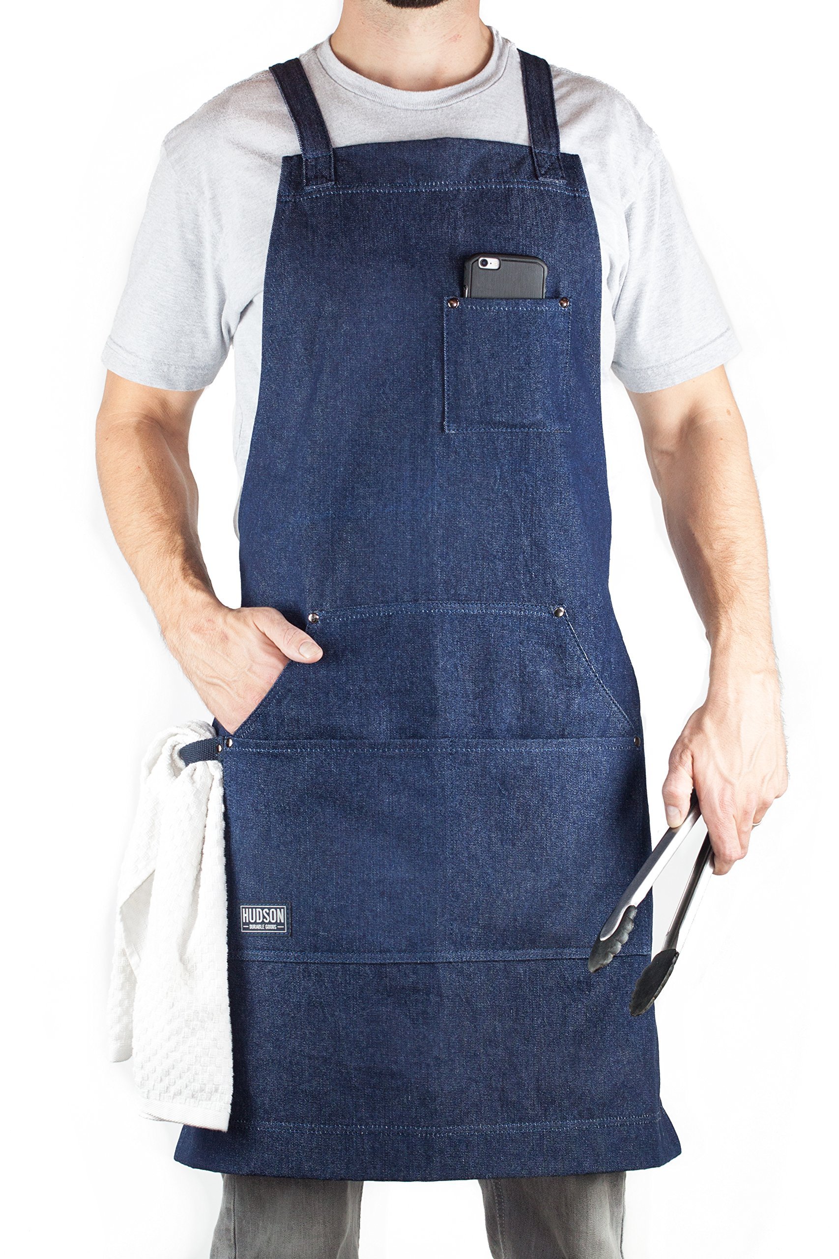 Hudson Durable Goods Professional Grade Chef Apron for Kitchen Blue Denim M to XL