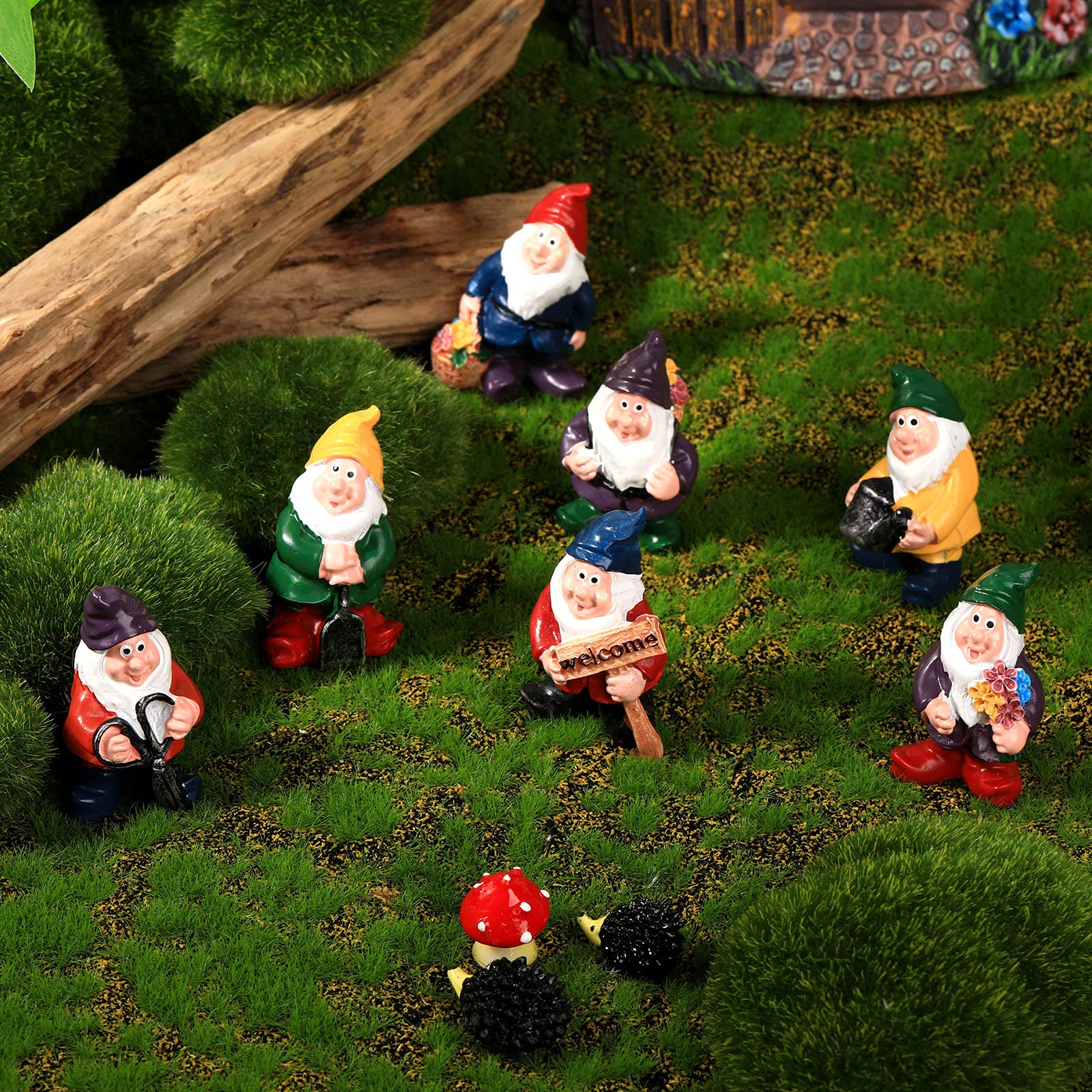 10 Pcs Fairy Garden Accessories, Include 7 Pcs Mini Garden Gnome Figurines 2 Hedgehog Statues 1 Mushroom Decor, Miniature Gnome Dwarfs Statue for Plant Pots Home Decor