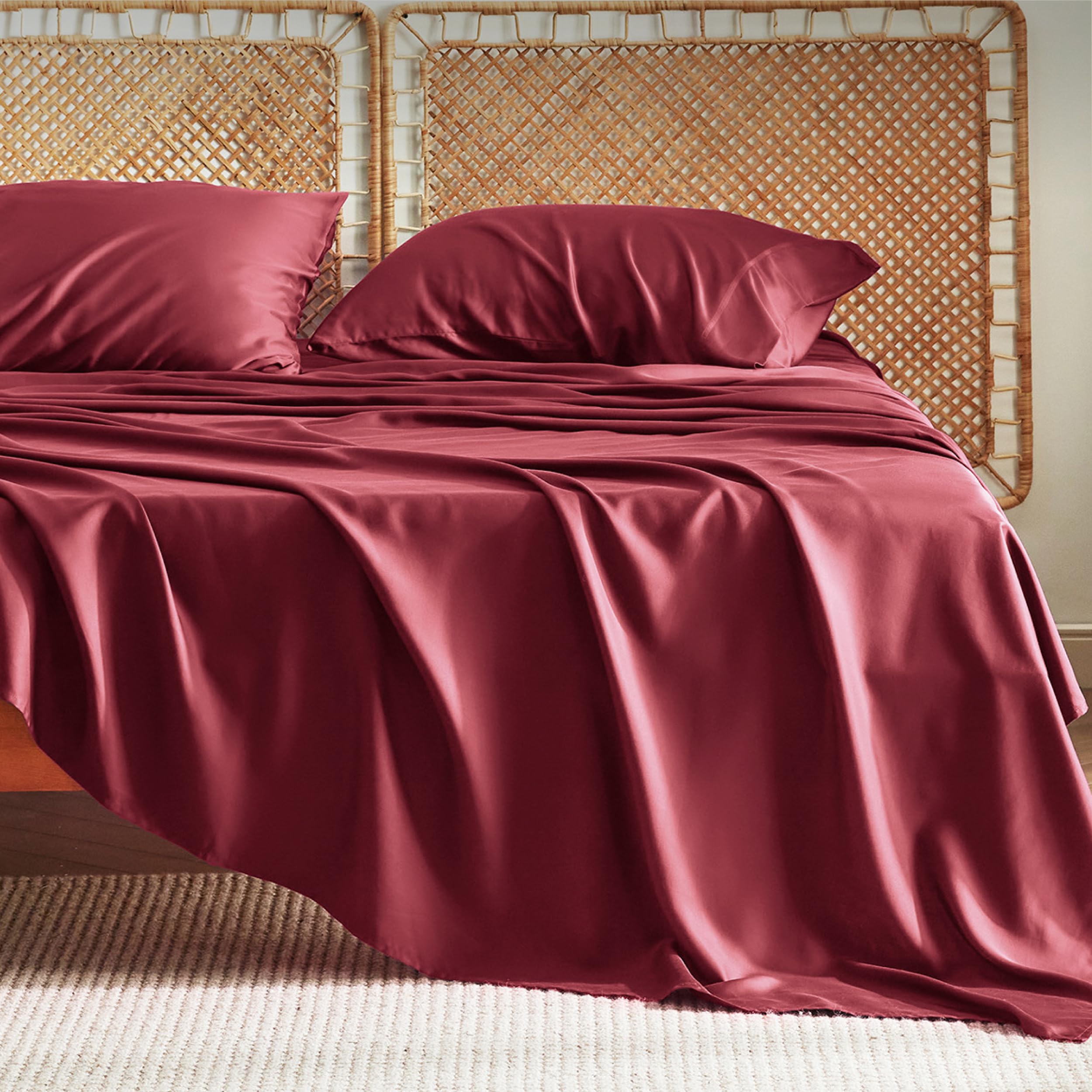 Photo 1 of Bedsure King Size Sheets Set, Cooling Sheets for Hot Sleepers, Rayon Derived from Bamboo, PureWoven, Breathable & Soft, Deep Pocket Up to 16 Inches, Hotel Luxury Silky Bedding, Burgundy