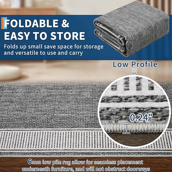 GARVEEHOME WASHABLE RUG 5X7 FOR BEDROOM LARGE LIVING ROOM RUG WITH RUBBER BACKING CASUAL STRIPED BORDER THROW CARPET MODERN CONTEMPORARY AREA RUG FOR DINING ROOM NURSERY ENTRY, GREY